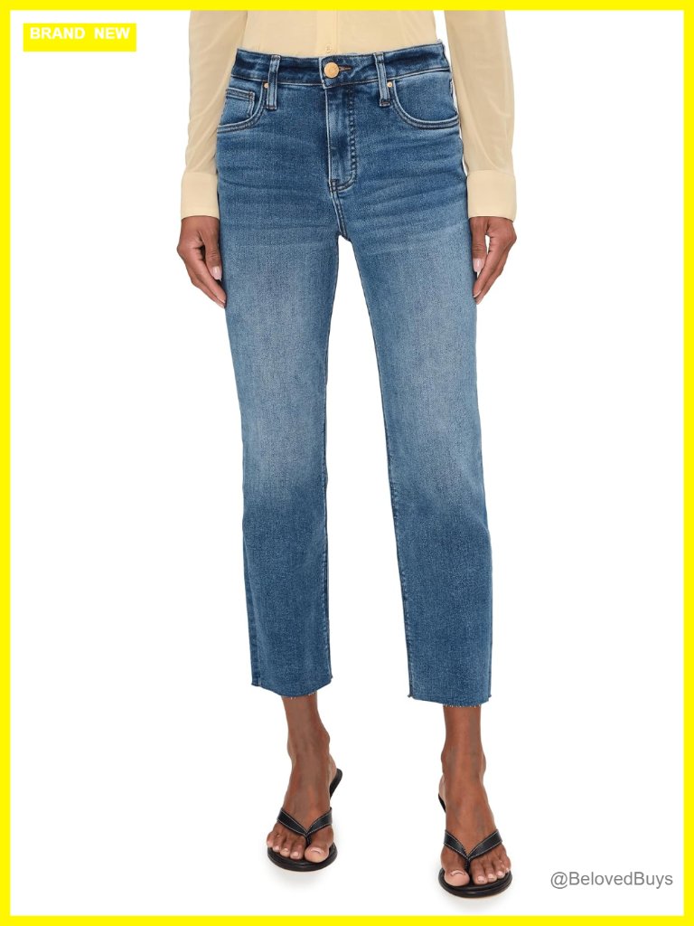 High Rise Straight Leg Raw Hem Jeans Cotton Blend